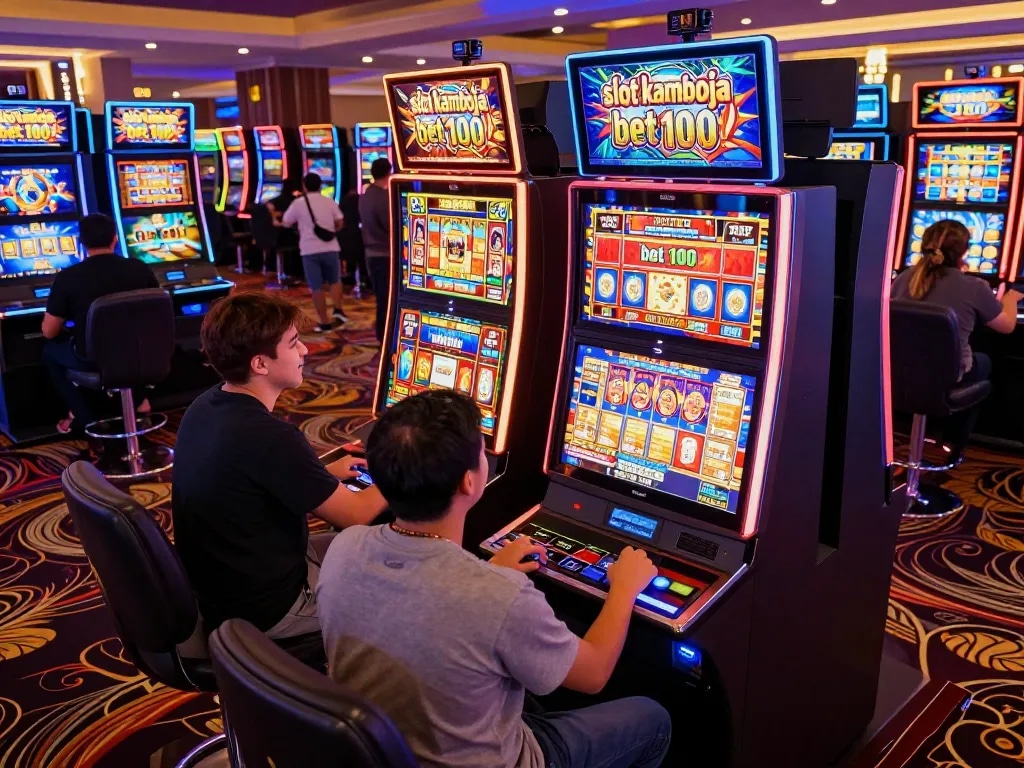 Engaged players celebrating wins at vibrant slot kamboja bet 100 machines in a lively casino.