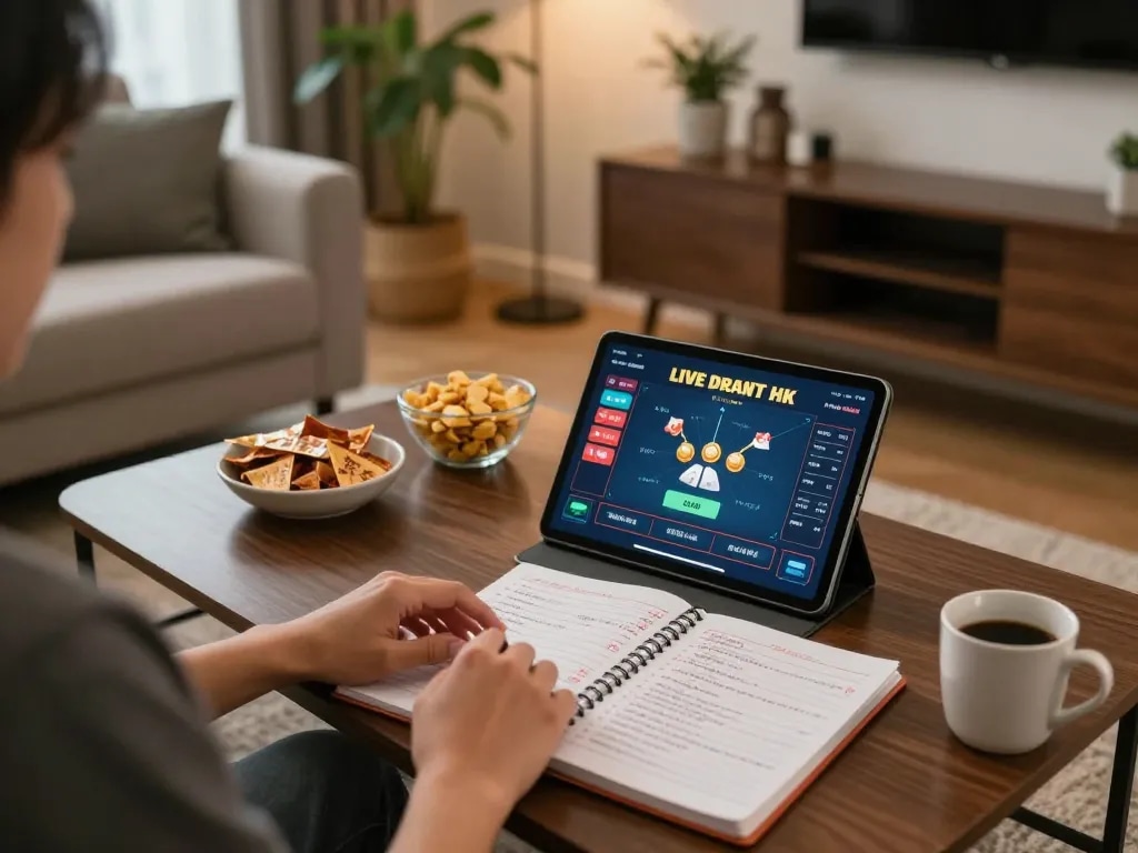 Engaging in live draw hk while strategizing bets at home with a tablet and snacks.