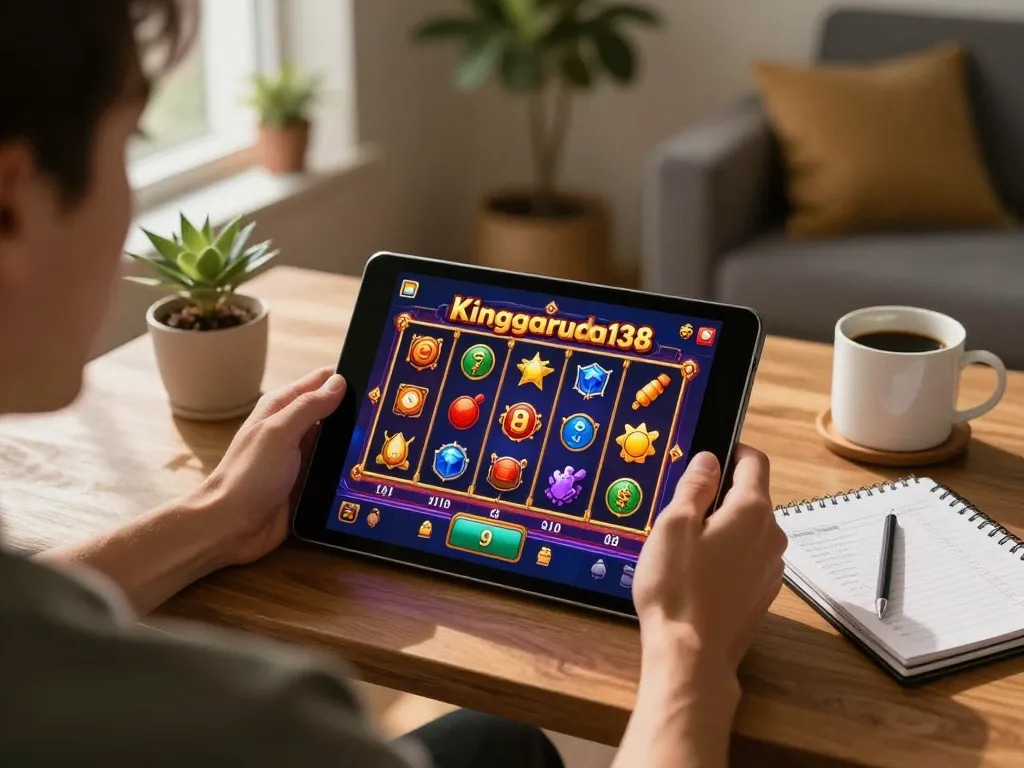 Engaging in kinggaruda138 slot gameplay on a tablet, capturing a thrilling home gaming experience.