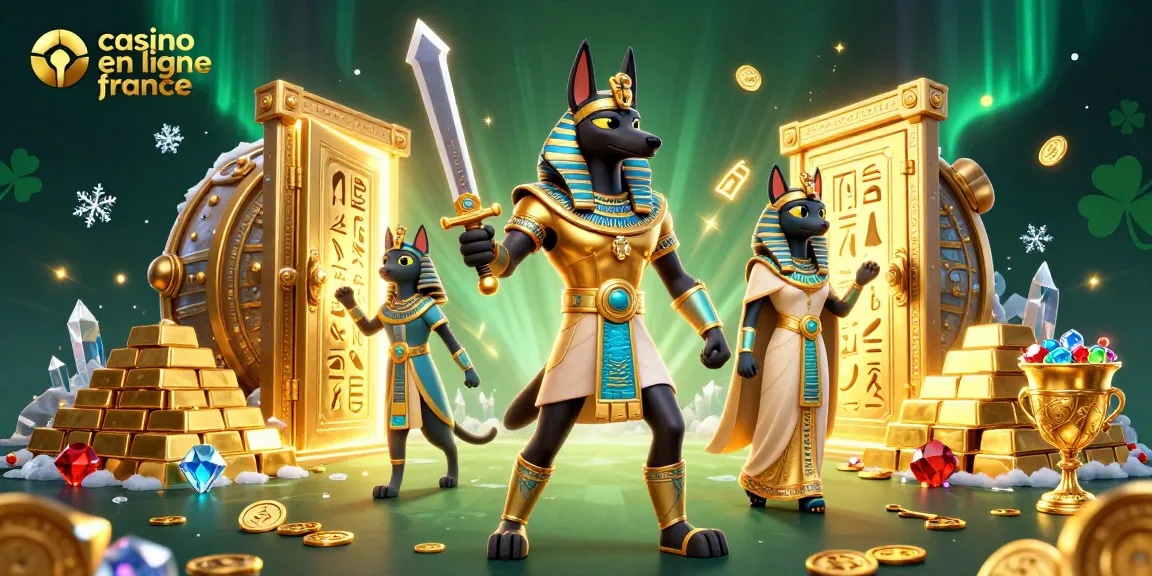 Découvrez le casino en ligne France avec Anubis et Bastet entourés de trésors lumineux et de joyaux scintillants.