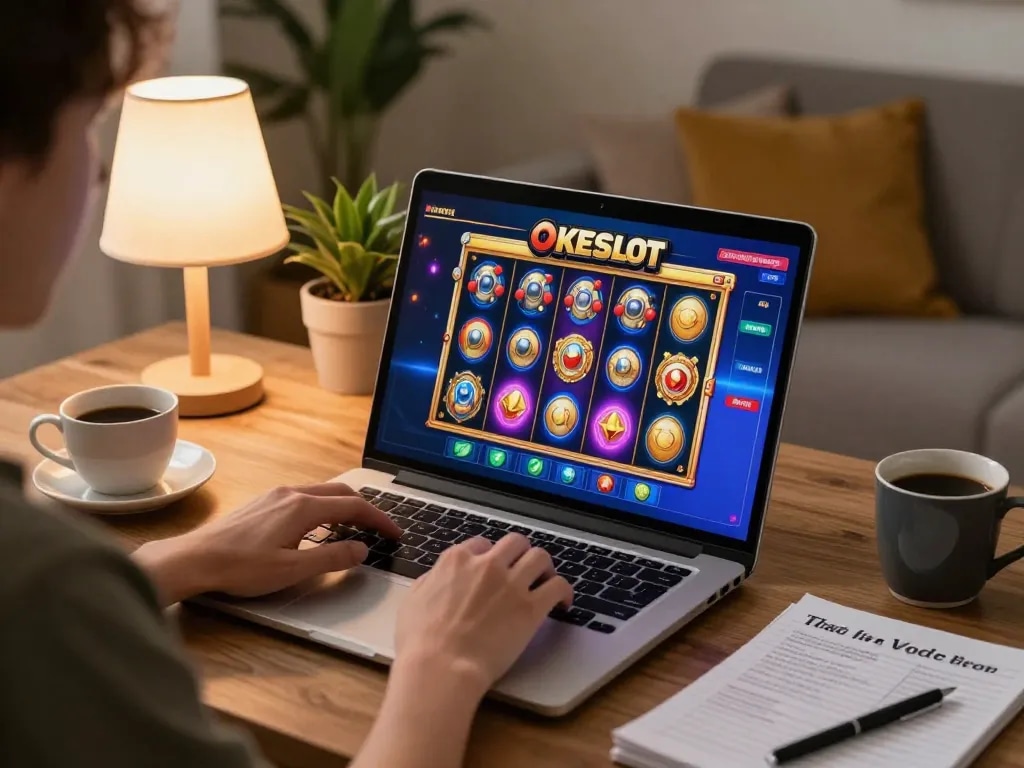 Engaged player enjoying OKESLOT online slots at home, highlighting a cozy gaming environment with strategy notes.