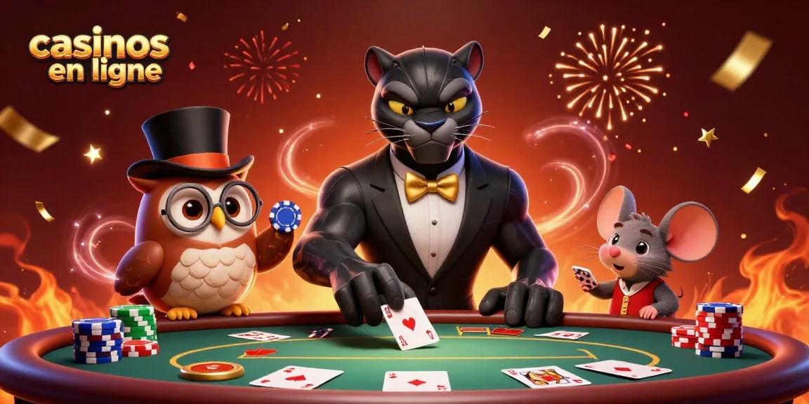 Les casinos en ligne éblouissent avec une illustration 3D montrant une panthère élégante et des personnages gagnants.
