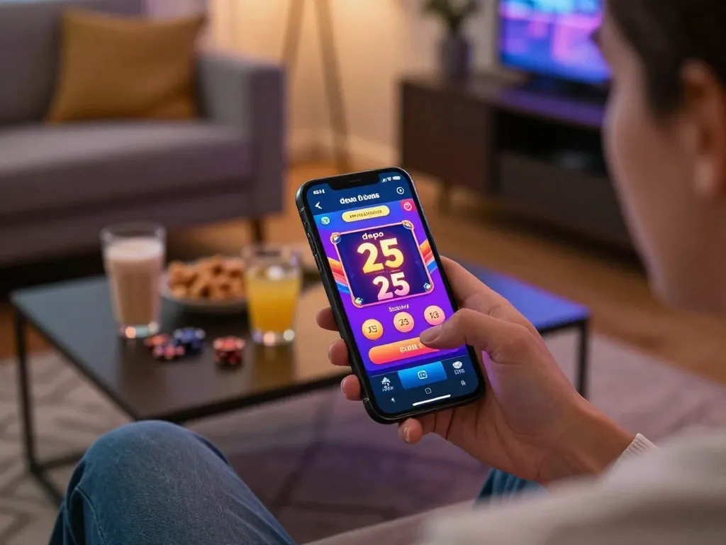 Enjoying the online casino with depo 25 bonus 25 on a smartphone app in a cozy living room