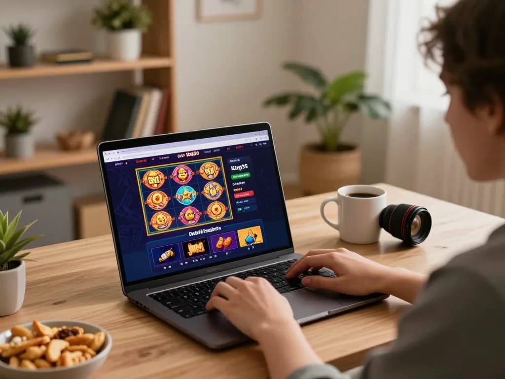 Engaging player using king33 online casino on laptop during home gaming session.