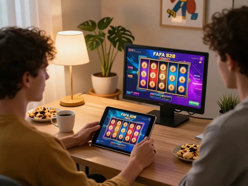 Engaging with FAFA 828 online slots, the player strategizes gameplay in a cozy home setting.