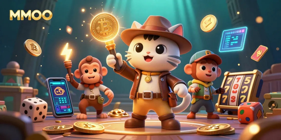 Engage with MMOO in this vibrant casino adventure featuring an explorer cat and treasure.