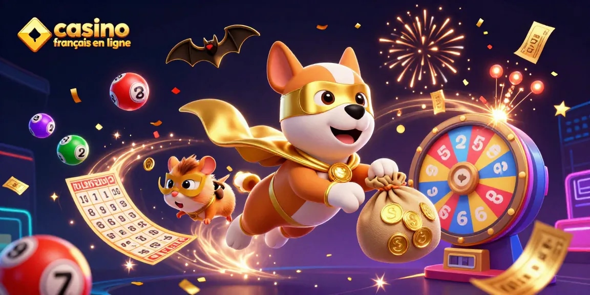 Découvrez l'univers du casino français en ligne avec un chien super-héros et des balles de loterie colorées.