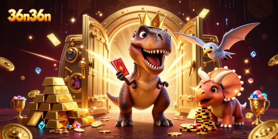 Aposte no 36n36n com o T-Rex tentando embaralhar cartas em uma cena divertida de cassino.
