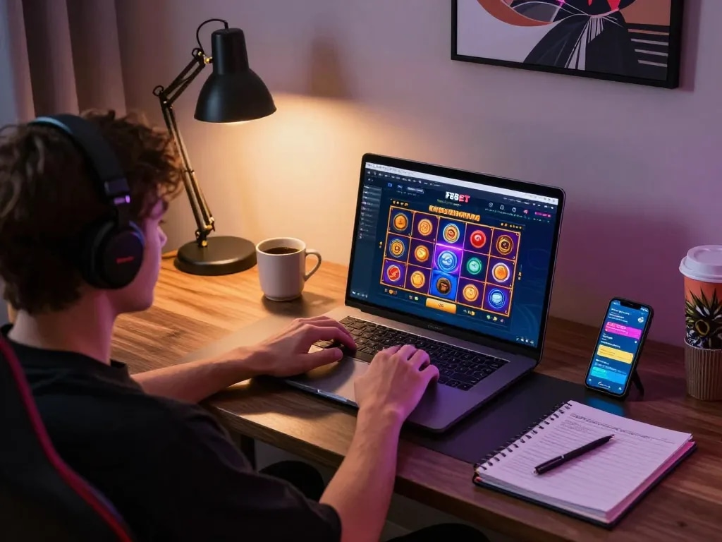 Engaged player exploring the F8BET online casino while showcasing a vibrant gaming setup for responsible gambling.