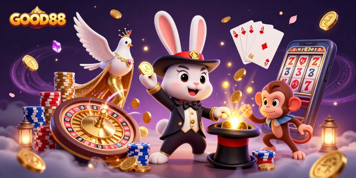 Enjoy the thrilling atmosphere of GOOD88 with a magician, a dove, and a playful monkey amidst dazzling casino elements.