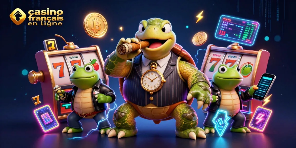 Jouer au casino français en ligne avec une tortue massive aux costumes élégants et des bullfrogs en garde du corps.