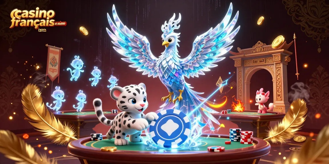 Jouez au casino français en ligne avec une illustration dynamique des jeux de poker et des créatures en glace.