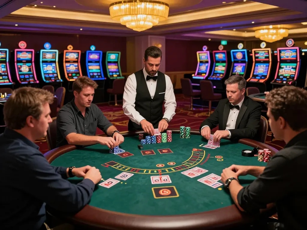 Players engaging in a thrilling blackjack game at a luxurious casino, showcasing the excitement and strategy of 78WIN.