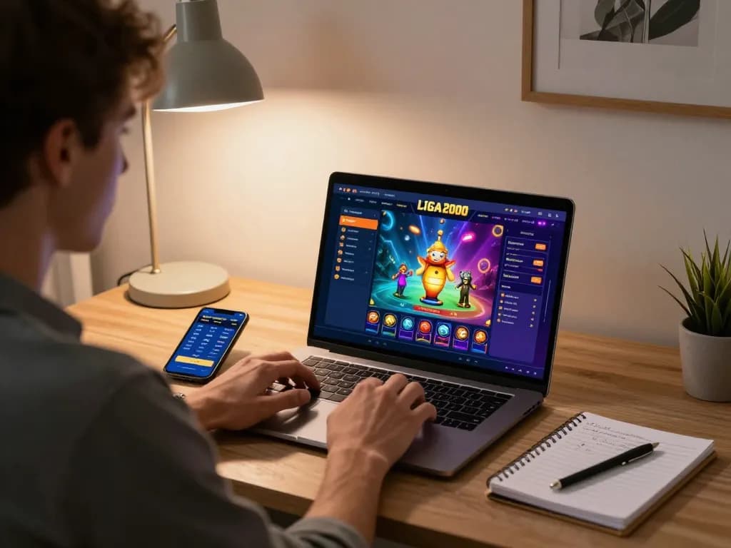 LIGA2000 casino game interface displayed on a laptop during an exciting online gaming session.