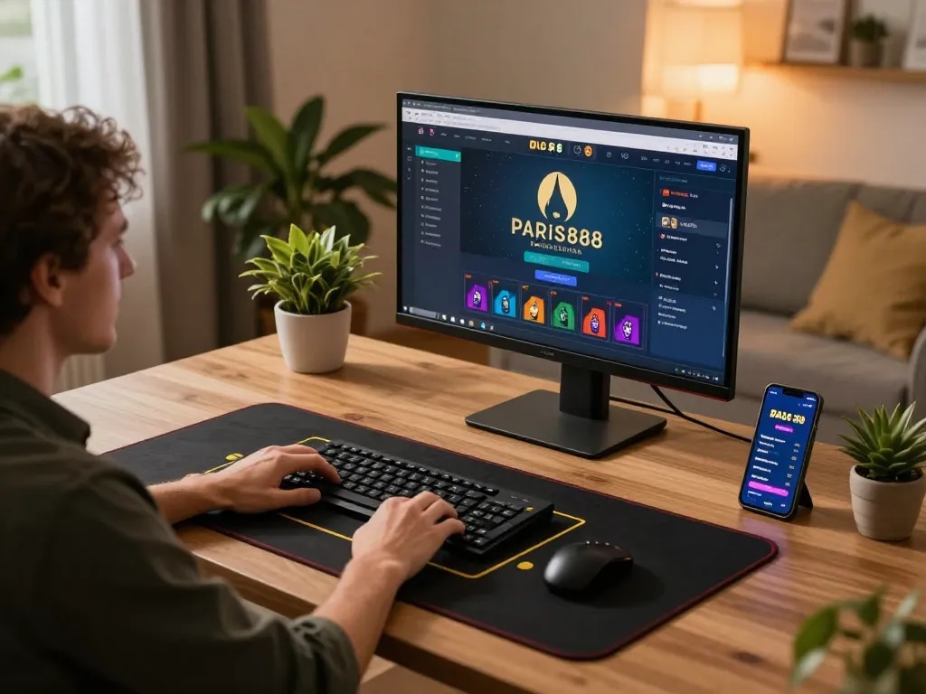 Engaging gaming session on Paris888 platform showcasing online casino activities in a stylish home setup