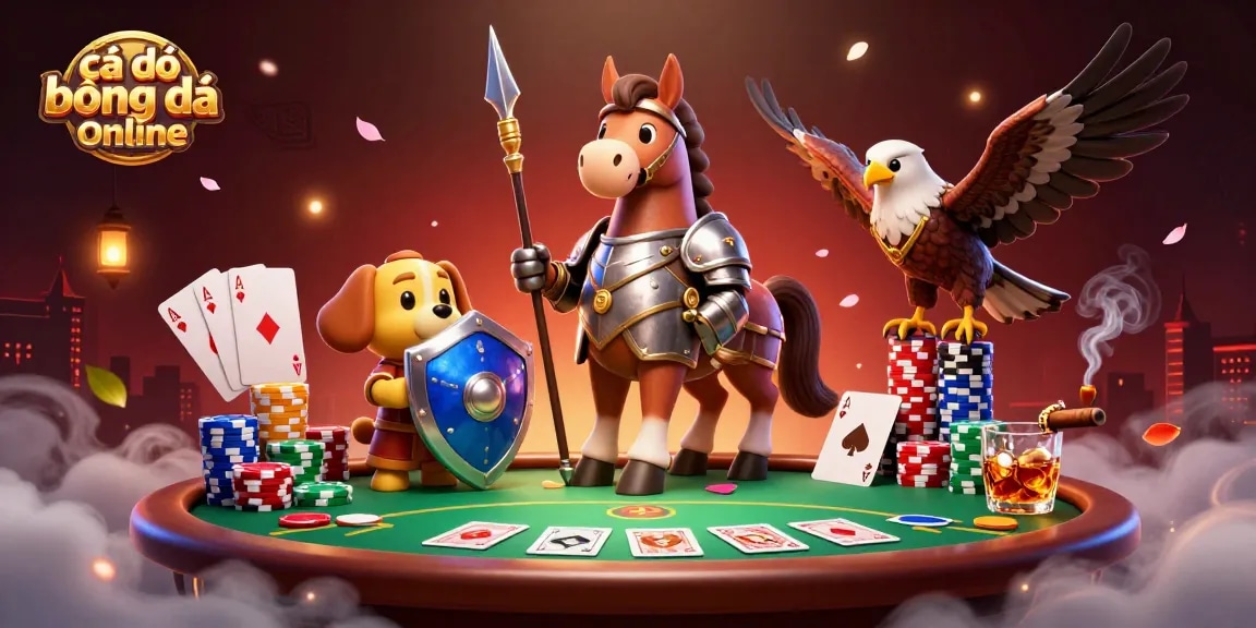 Cá độ bóng đá online illustrated scene featuring a knight, a puppy, and a falcon at a poker table.