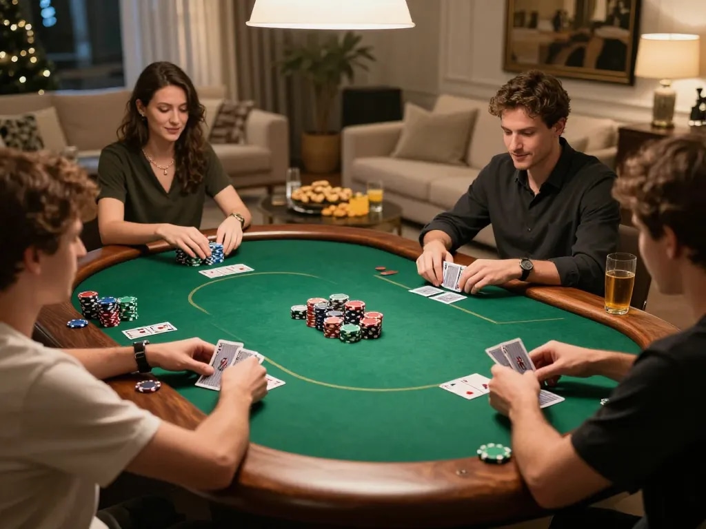 Pemain yang terlibat dalam permainan poker yang mendebarkan di lingkungan rumah, menunjukkan strategi dan persahabatan.