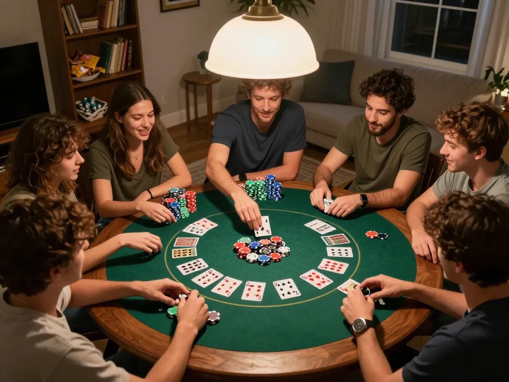 TG88 players enjoying a thrilling home poker night, revealing winning hands amidst colorful chips and cards.