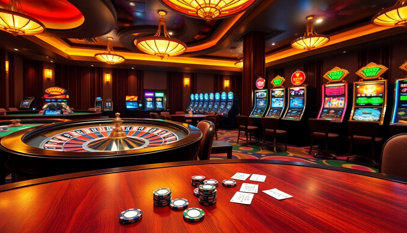 A dynamic online gambling scene with roulette, poker tables, and slot machines at 8day.cn.com.