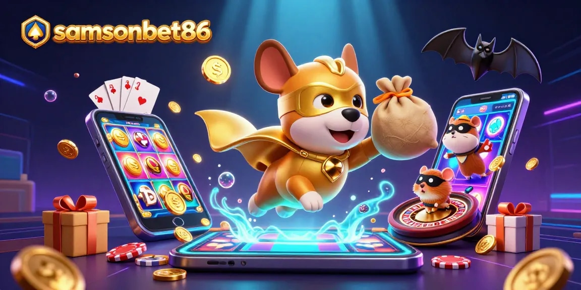 Engage with samsonbet86's thrilling gaming experience as a superhero dog flies with gold coins and gaming excitement.