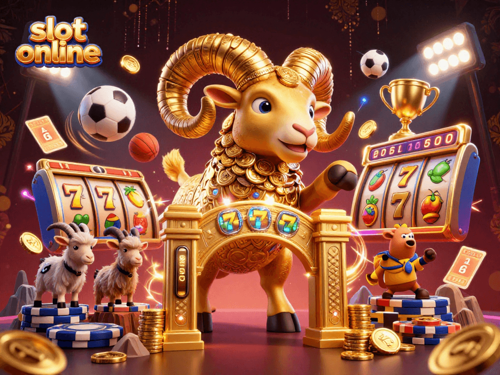 Permainan slot online menghadirkan keceriaan dengan simbol beruntung dan tumpukan koin emas.
