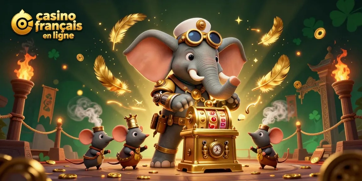 Jouer au casino français en ligne avec un éléphant steampunk et des machines à sous en or.