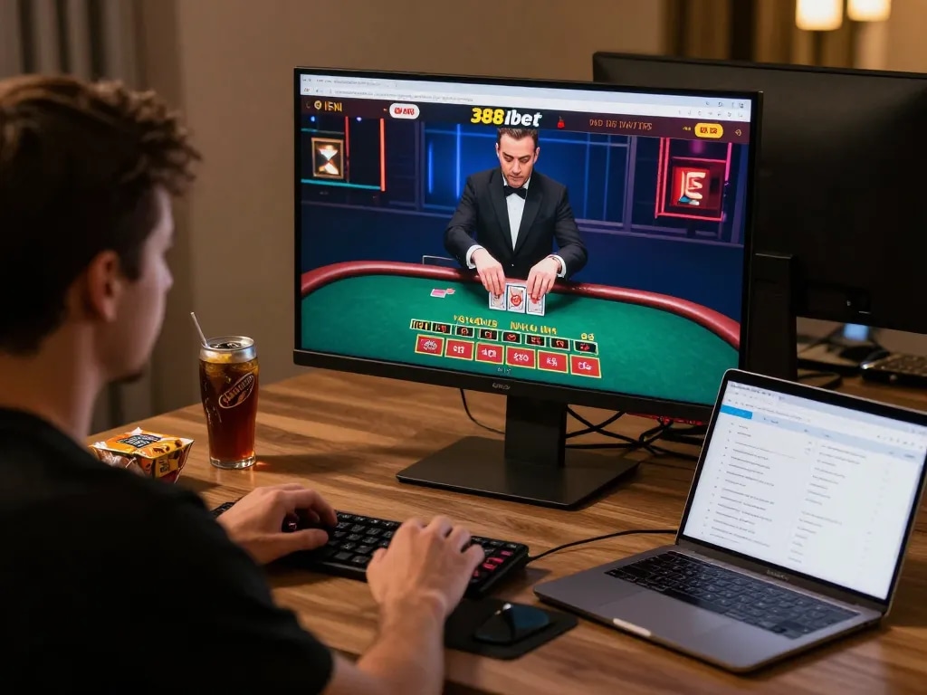Engaging in live dealer blackjack game on 388bet online casino platform with stylish setup.