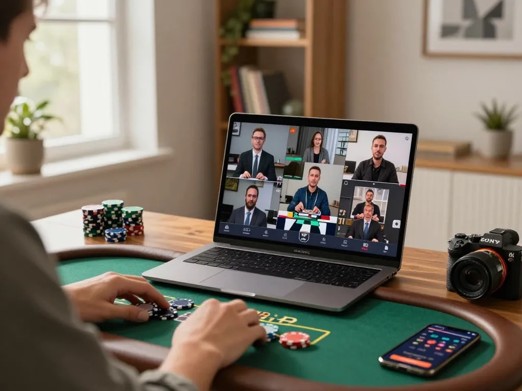 Engaging with g28-t1 online blackjack through live dealer game setup at home, showcasing strategy and excitement.
