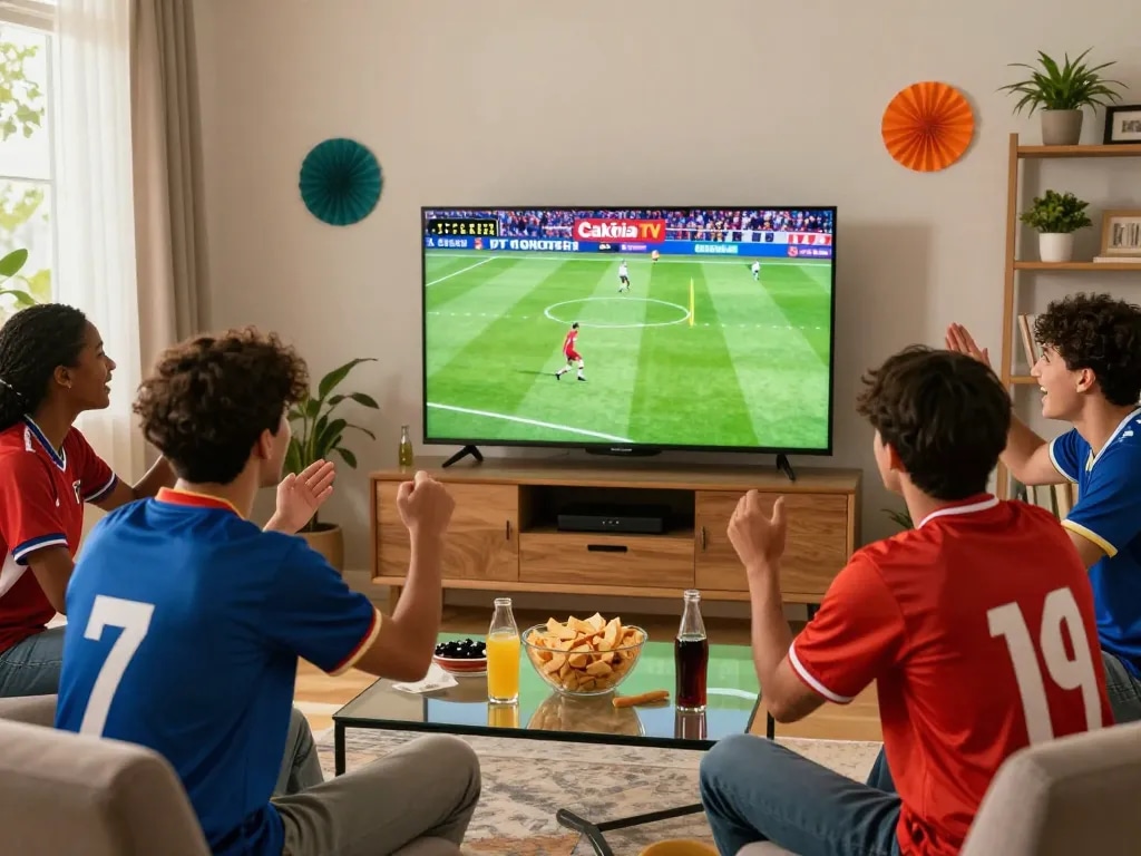 Friends enjoying a live football match on Cakhia TV, creating a lively game day atmosphere.