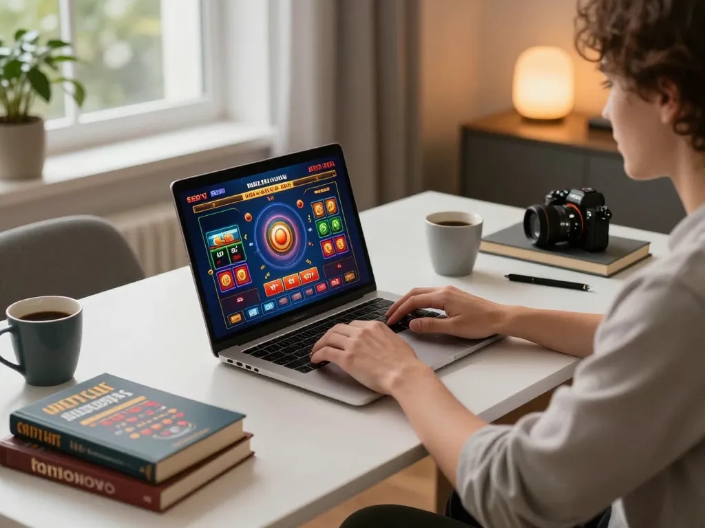 Engaged user playing casino games online at home with 678vip on the laptop screen, showcasing a vibrant interface and strategic atmosphere.