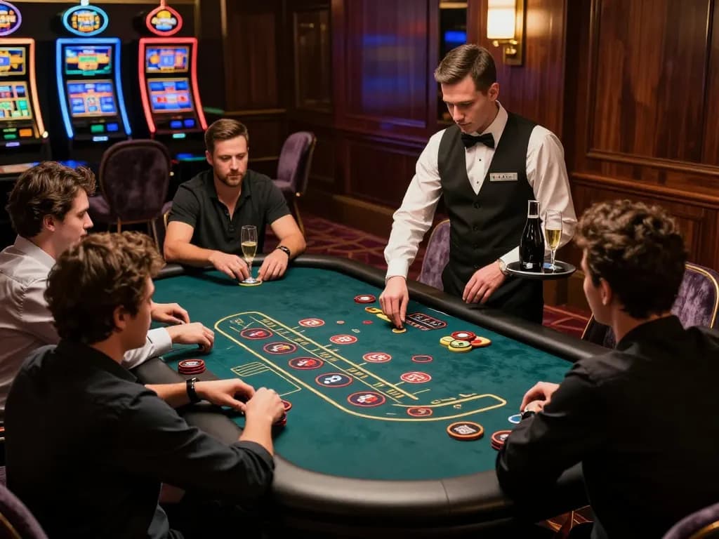 vipwin blackjack table in an exclusive casino surrounded by engaged players and elegant decor