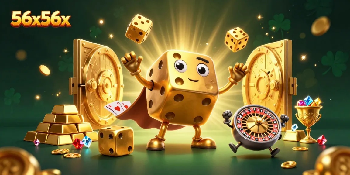 56x56x showcases a whimsical golden dice golem surrounded by vibrant casino treasures.