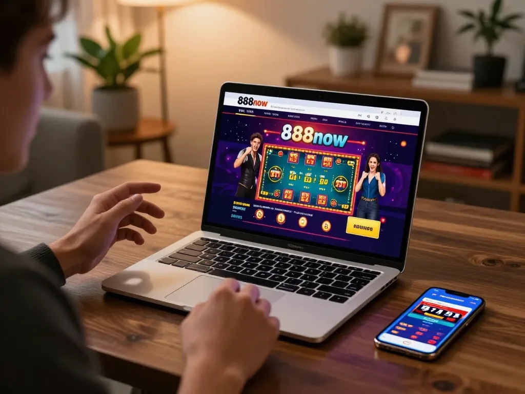 Player celebrating a win while gaming on 888now's online platform in a cozy home setting.