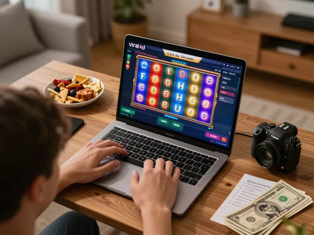 Engaged player enjoying viral4d online slot game in a cozy home setting, showcasing exciting gameplay.