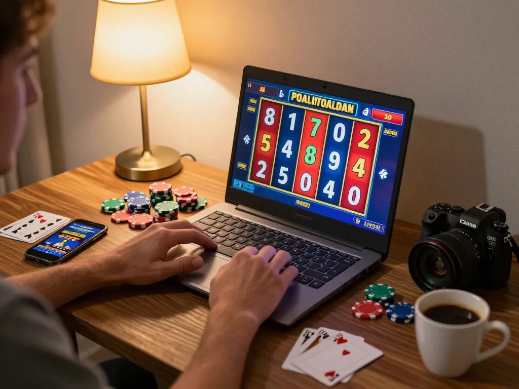 Engaged player spinning slot reels on laptop in a cozy home setting, showcasing an inviting online gaming atmosphere