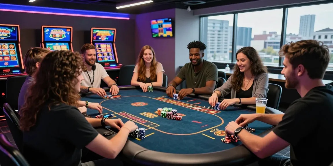 Des amis enthousiastes profitant des jeux dans un casino en ligne moderne avec des écrans vibrants et des jetons virtuels.