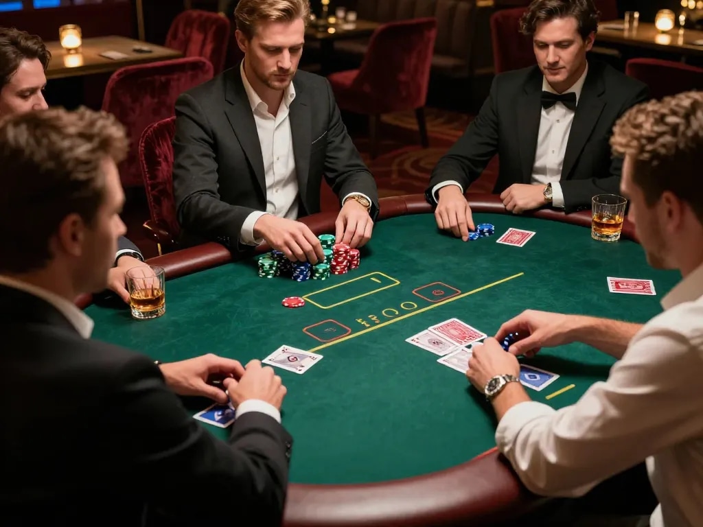 LC88 poker night with players engaged in high-stakes card strategy, warm lighting and luxury atmosphere