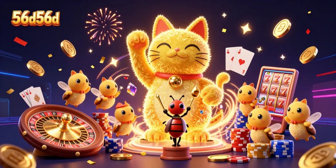Ilustração 3D de um gato sortudo em meio a símbolos de cassino representando 56d56d.