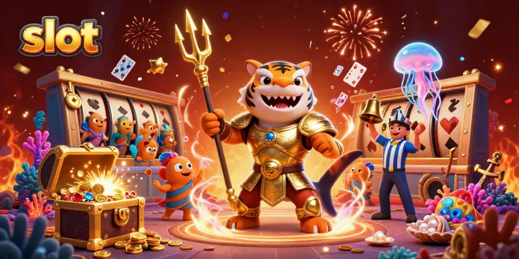 Spin the slot reels in an energetic underwater arena with tiger shark gladiators and festive effects.