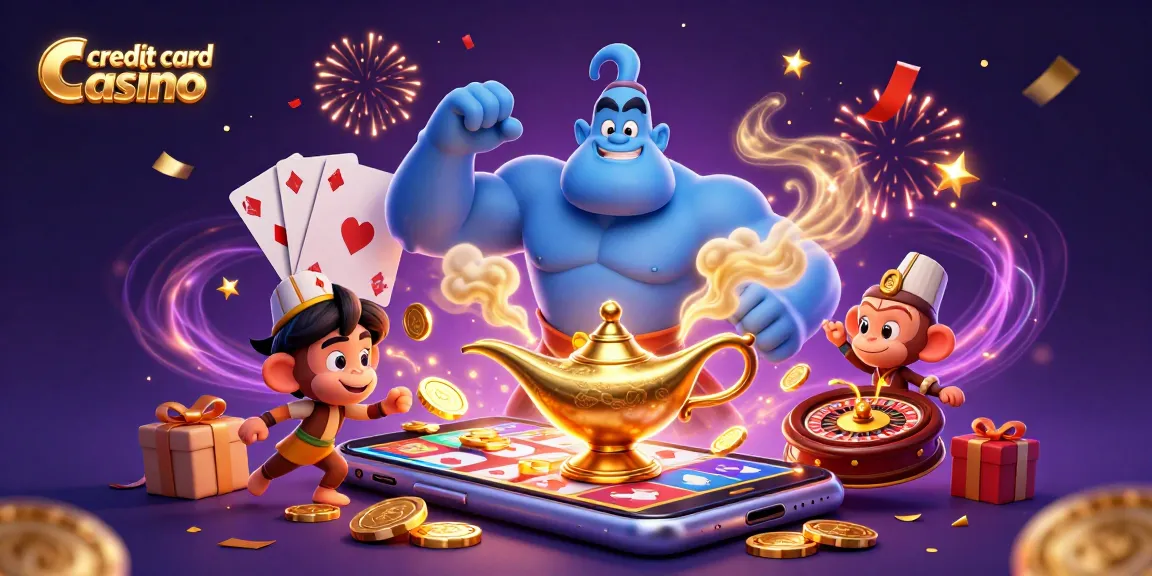 Experience the excitement of a credit card casino with a genie, monkey, and slot games in vibrant 3D.