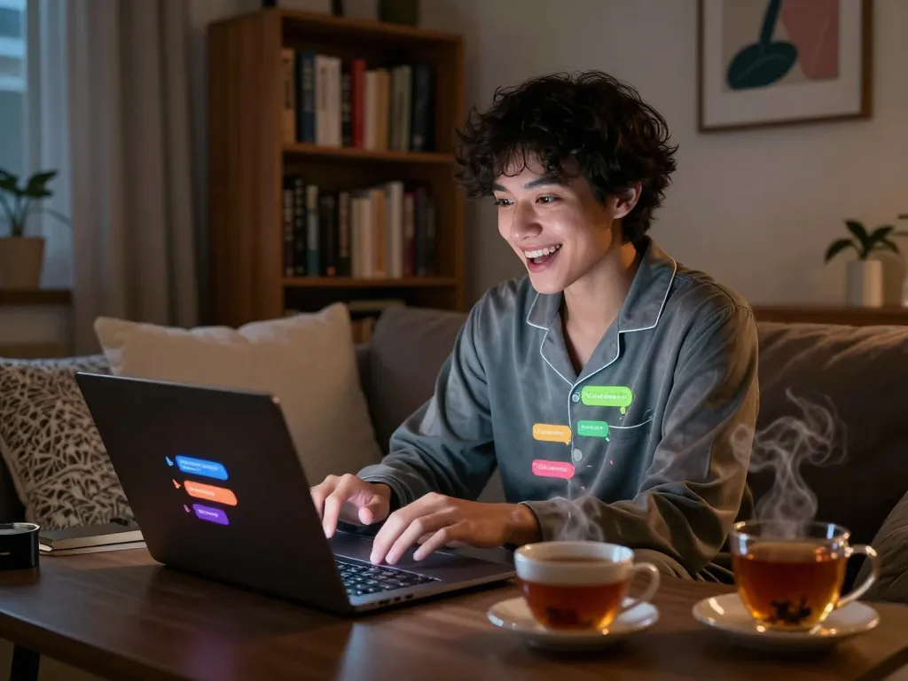 Engaging with an NSFW AI chat on a laptop in a cozy, inviting room.