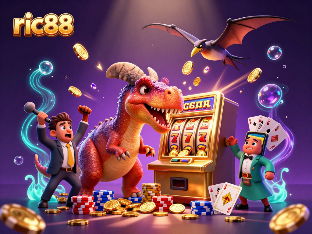 Watch the ric88 pachycephalosaurus win a jackpot at the golden slot machine in a vibrant casino scene.