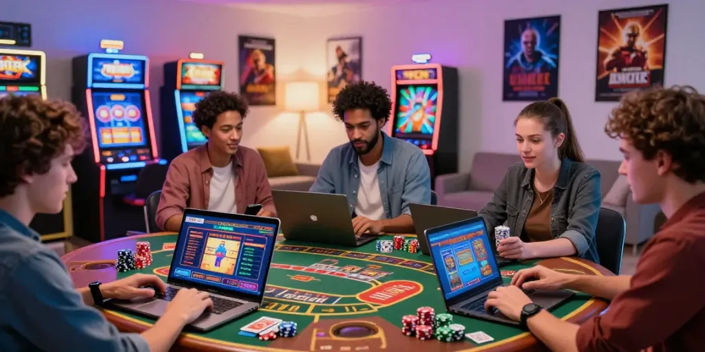 Players enjoying a lively gaming session at home, focused on casinos not on gamstop.