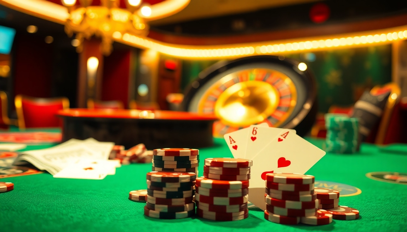 A dynamic casino scene showcasing players engaging in 68 game bài with vibrant casino elements like cards and chips.