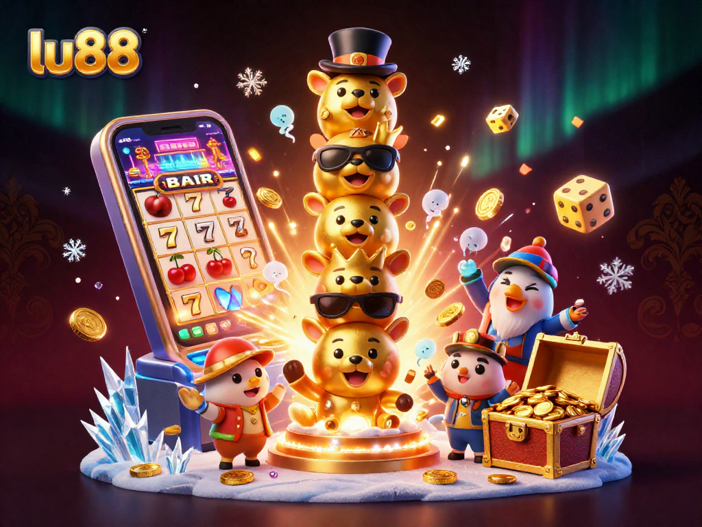 Experience thrilling gameplay at lu88 with a vibrant, 3D casino illustration showcasing dynamic slot machines bursting with rewards.
