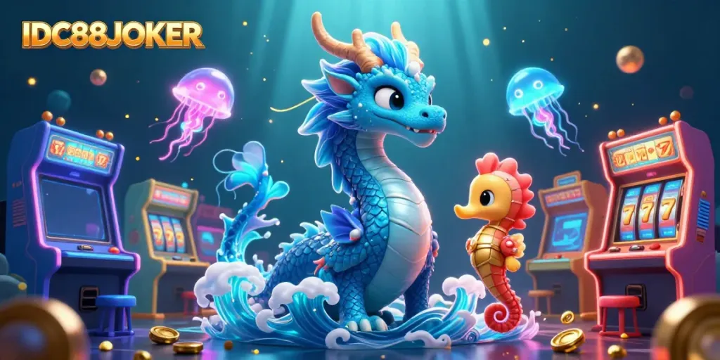 Engage with IDC88JOKER's vibrant casino adventures featuring a dragon, seahorse, and slot games.