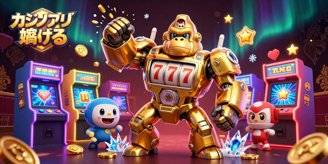 カジノアプリ 稼げるで大勝利を目指す、スロットマシンメカとゲーム要素のイラスト