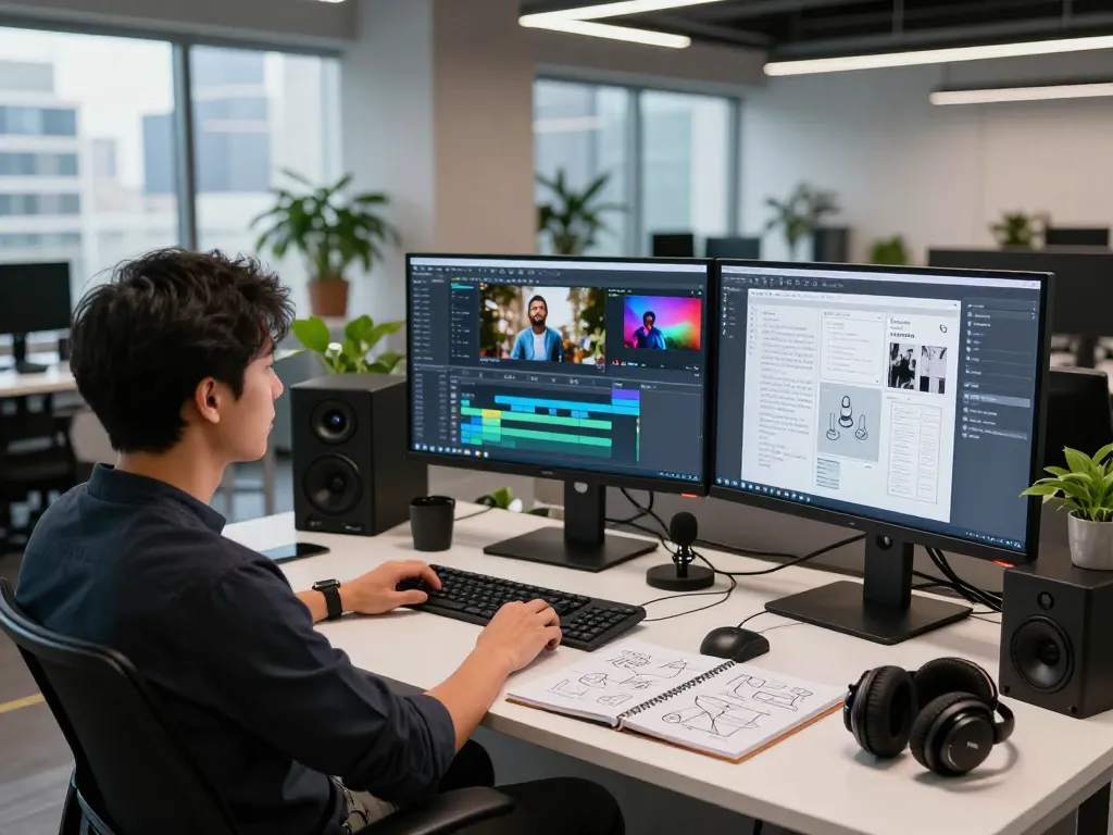 Content creator using seedance 2.0 at a video production workstation with multiple monitors and audio equipment.