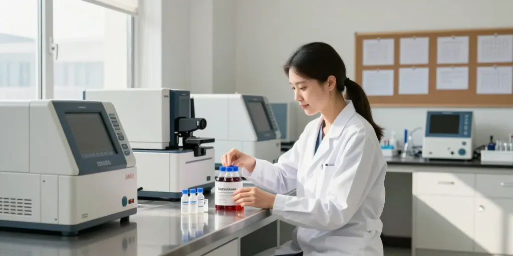 Researcher analyzing tesa/ipa blend vials in a modern lab with high-tech equipment.