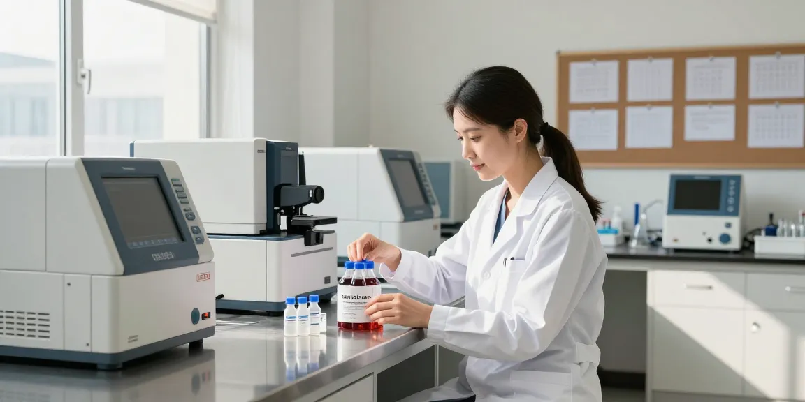 Researcher analyzing tesa/ipa blend vials in a modern lab with high-tech equipment.